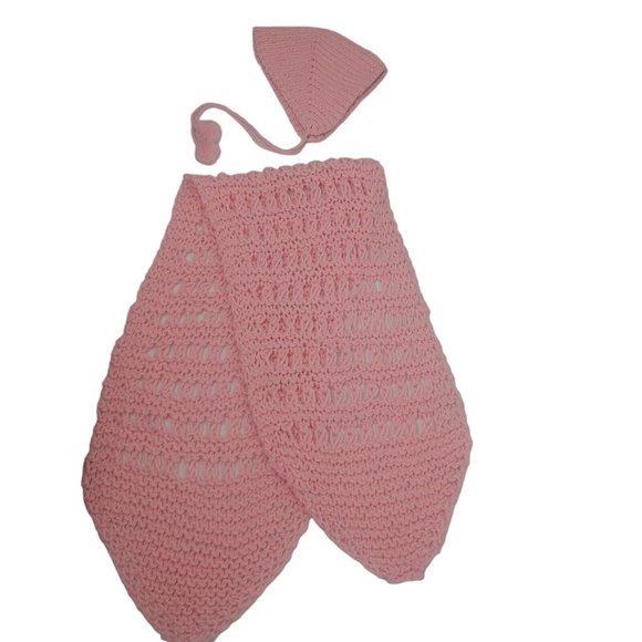 Vintage Handmade Crochet Little Girls Winter Hat And Scarf Set Pom Pom Pink - Picture 1 of 16
